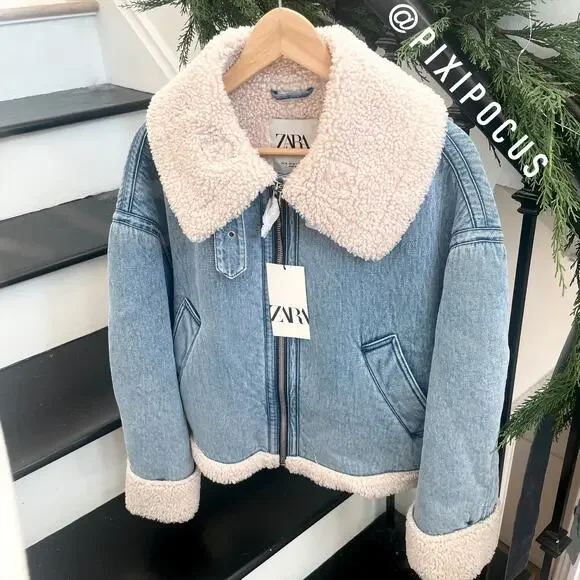 ZARA NEW FAUX SHEARLING BIKER JACKET MOTO DENIM BLUE M MEDIUM 3548/250 - Picture 15 of 16